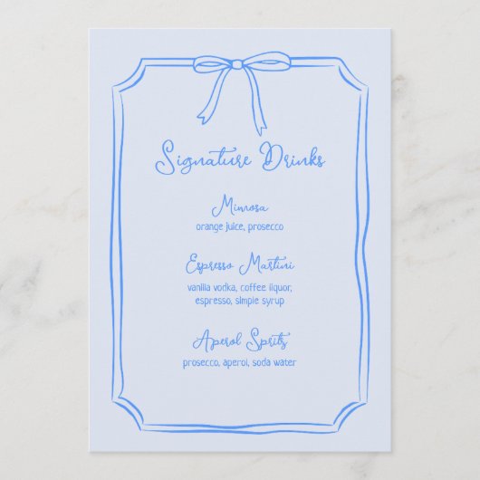 Hand getrokken boog Coquette blauw Signature Drink Menu (Voorkant)