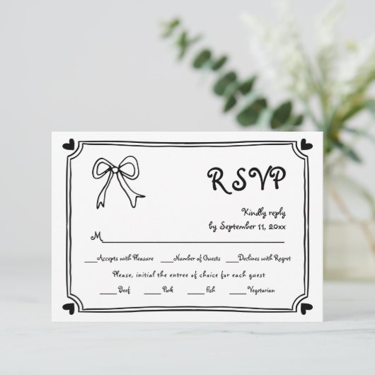 Hand getrokken boog en grens grillige bruiloft RSVP kaartje (Staand voorkant)