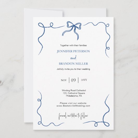 Hand getrokken boog Frans blauw bruiloft Kaart (Voorkant)