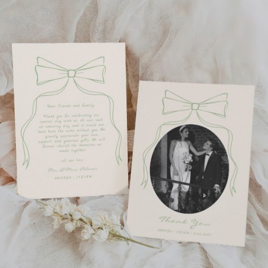 Hand getrokken boog groen bruiloft foto bedankkaart