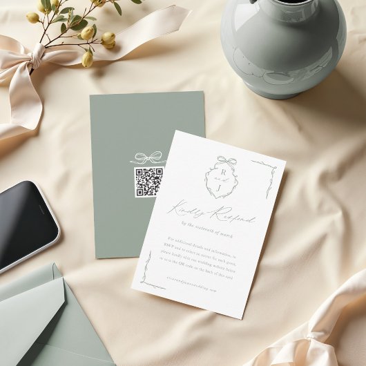 Hand Getrokken Boog & Lint Monogram Crest Wedding RSVP Kaartje