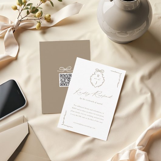 Hand Getrokken Boog & Lint Monogram Crest Wedding RSVP Kaartje