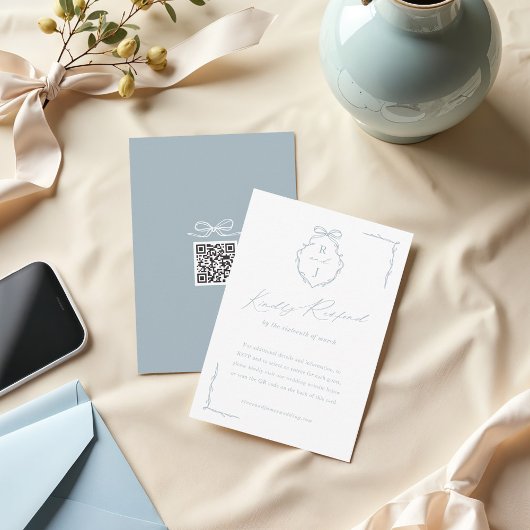 Hand Getrokken Boog & Lint Monogram Crest Wedding RSVP Kaartje