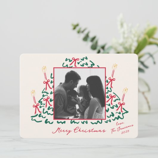 Hand getrokken boom met kaarsen vakantie fotokaart feestdagenkaart (Staand voorkant)