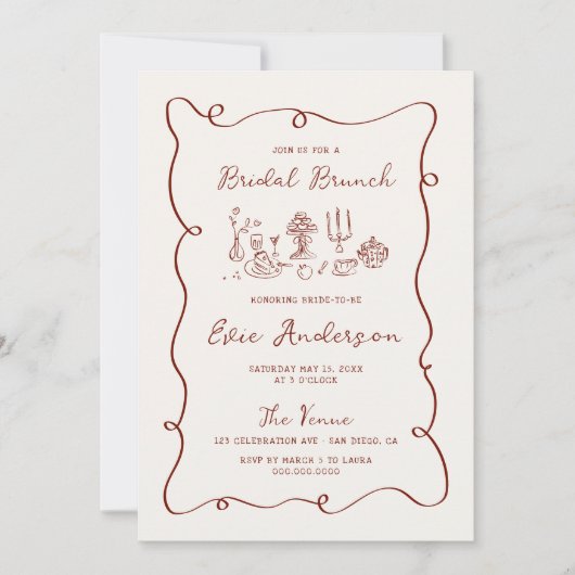 Hand getrokken Bourgogne Bruids Brunch Kaart (Voorkant)