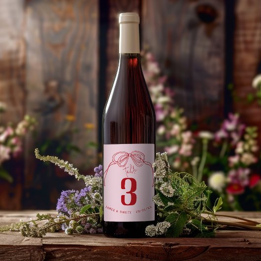 Hand getrokken Bow ROZE & RODE Tafel Nummer Trouwe Wijn Etiket
