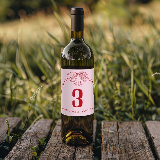 Hand getrokken Bow ROZE & RODE Tafel Nummer Trouwe Wijn Etiket