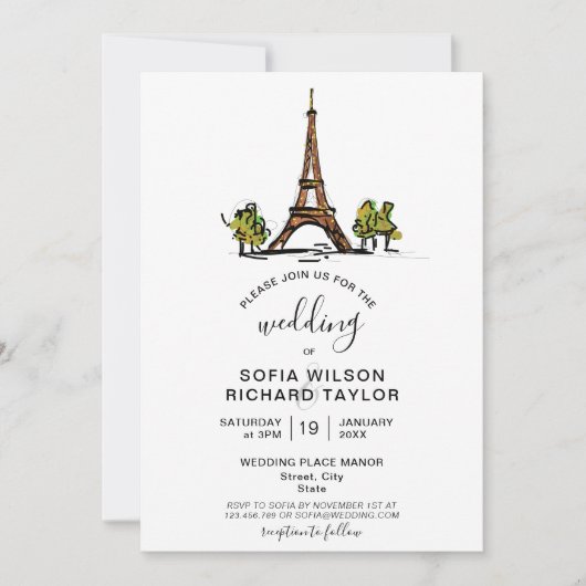 Hand getrokken bruiloft bestemming Parijs Eiffelto Kaart (Voorkant)