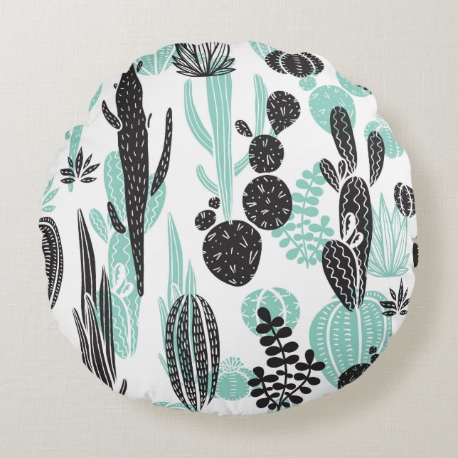 Hand getrokken cactussen: Doodle naadloos Rond Kussen (Voorkant)