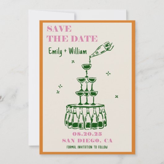 Hand getrokken Champagne Bewaar de datum bruiloft Kaart (Voorkant)