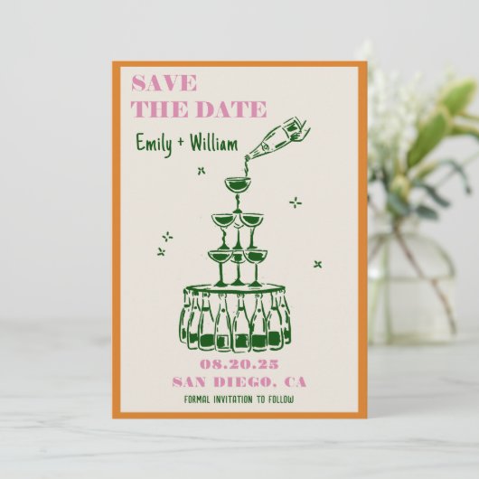 Hand getrokken Champagne Bewaar de datum bruiloft Kaart (Staand voorkant)