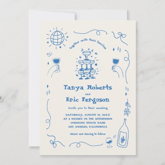 Hand getrokken champagne cocktail grillige bruilof kaart (Voorkant)