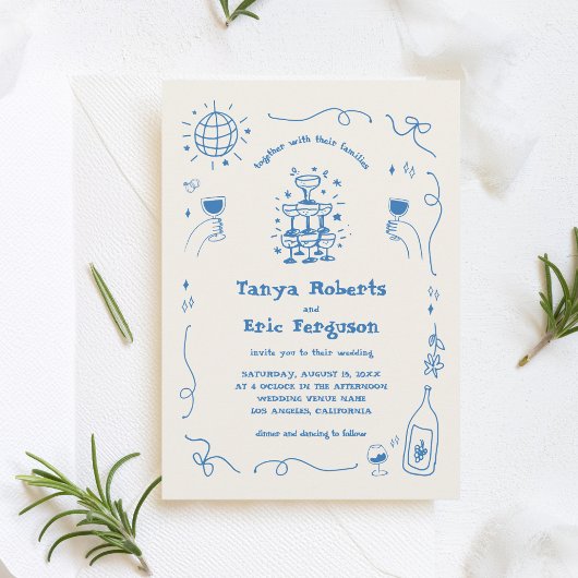 Hand getrokken champagne cocktail grillige bruilof kaart