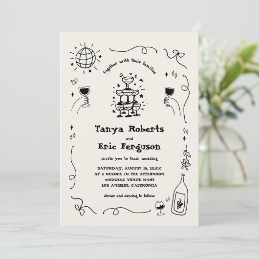 Hand getrokken champagne cocktail grillige bruilof kaart (Staand voorkant)