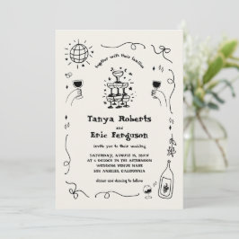 Hand getrokken champagne cocktail grillige bruilof kaart