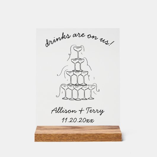 Hand getrokken Champagne Doodle Open Bar Trouwbord Acryl Bord (Voorkant)