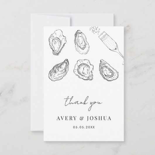 Hand getrokken champagne & oesters gebrande bruilo bedankkaart (Voorkant)