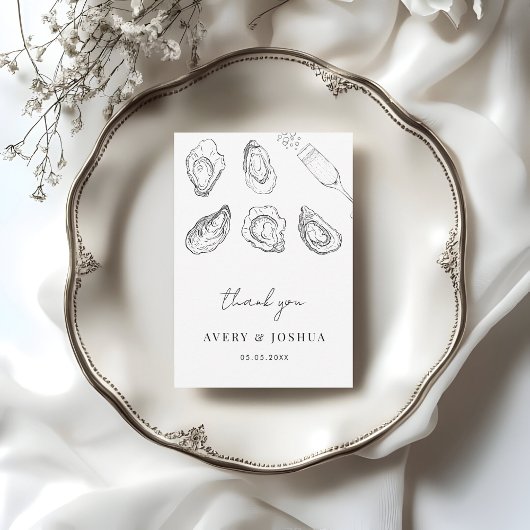 Hand getrokken champagne & oesters gebrande bruilo bedankkaart