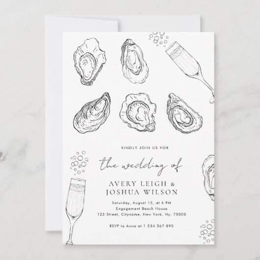 Hand getrokken champagne & oesters gebrande bruilo kaart (Voorkant)