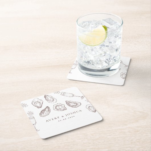 Hand getrokken Champagne & Oesters Gebrande Bruilo Kartonnen Onderzetters (Insitu)