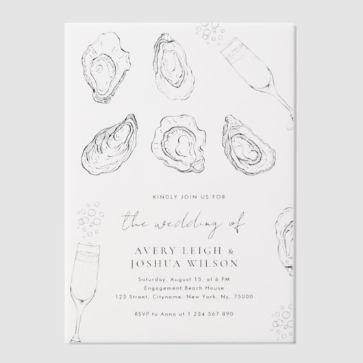 Hand getrokken champagne & oesters gebrande bruilo vellum uitnodigingen (Voorkant)