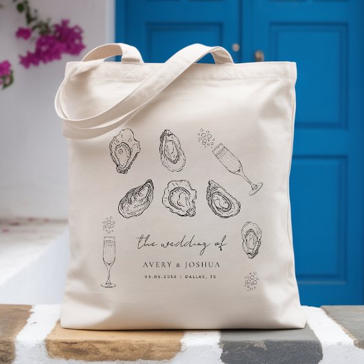 Hand getrokken Champagne & Oesters Roast bruiloft Tote Bag
