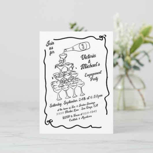 Hand getrokken Champagne Stack Verlovingsfeest Kaart (Staand voorkant)