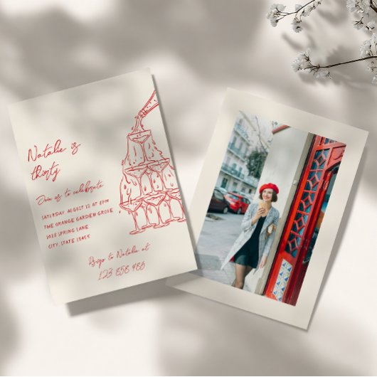 Hand getrokken champagne toren dertig foto verjaar kaart