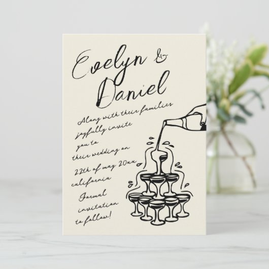 Hand getrokken Champagne Tower Franse stijl bruilo Kaart (Staand voorkant)