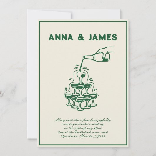 Hand getrokken Champagne Tower Retro Groene bruilo Kaart (Voorkant)