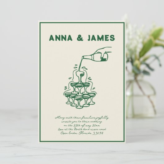Hand getrokken Champagne Tower Retro Groene bruilo Kaart (Staand voorkant)