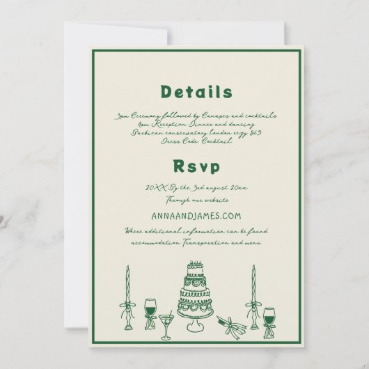 Hand getrokken Champagne Tower Retro Groene bruilo Kaart (Achterkant)