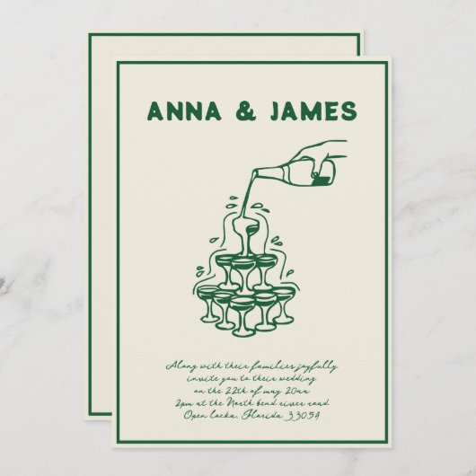 Hand getrokken Champagne Tower Retro Groene bruilo Kaart (Voorkant / Achterkant)