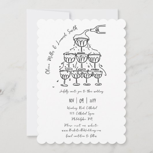 Hand-getrokken champagnetoren redden de datum brui kaart (Voorkant)