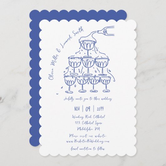 Hand-getrokken champagnetoren redden de datum brui kaart (Voorkant / Achterkant)