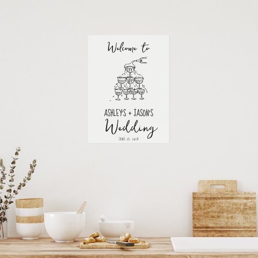 Hand getrokken champagnetoren welkom trouwteken poster (Keuken)