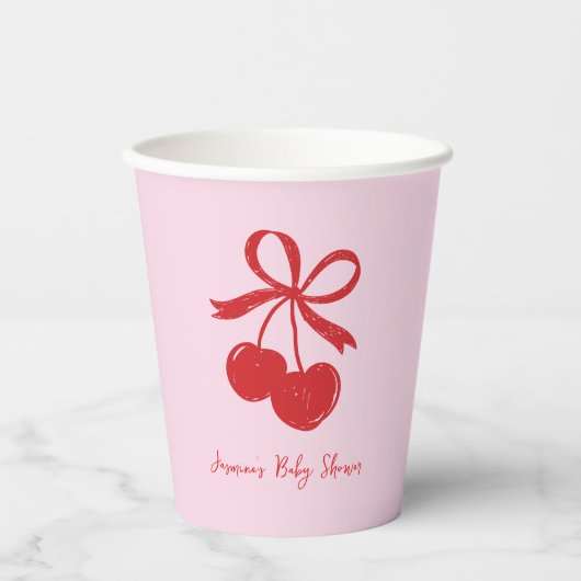 Hand getrokken Cherry Bow Roze & Rood Baby shower Papieren Bekers (Voorkant)