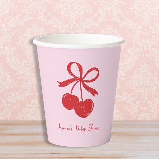 Hand getrokken Cherry Bow Roze & Rood Baby shower Papieren Bekers