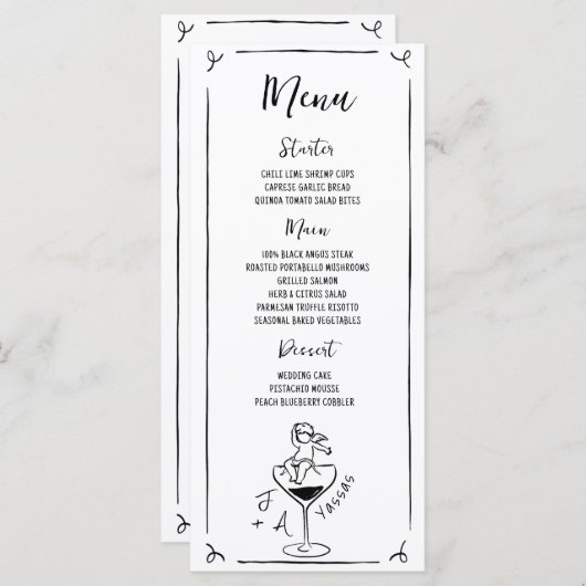 Hand getrokken Cherub Handgeschreven bruiloft menu (Voorkant / Achterkant)