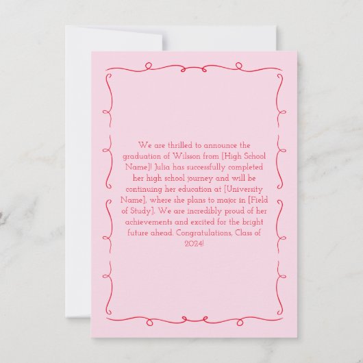 Hand getrokken chique roze & rode foto 2024 Afstud Aankondiging (Achterkant)