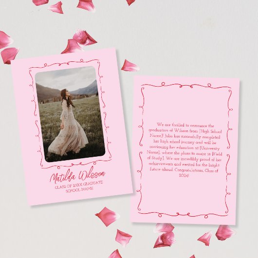 Hand getrokken chique roze & rode foto 2024 Afstud Aankondiging