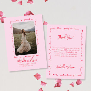 Hand getrokken chique roze & rode foto 2024 Afstud Bedankkaart