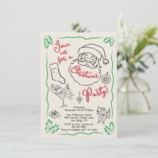 Hand getrokken Christmas Cocktail Party Santa Kaart (Staand voorkant)