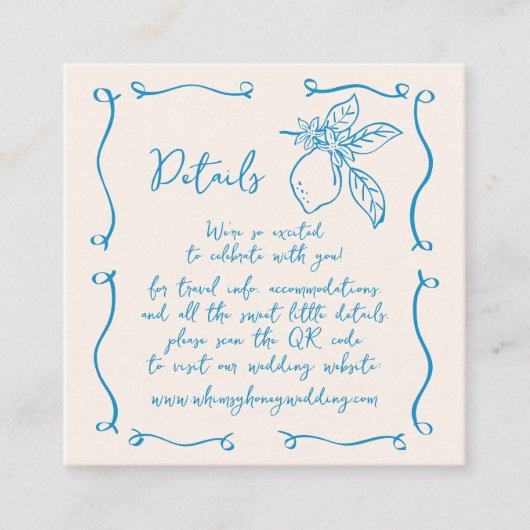 Hand getrokken citroen bruiloft details QR-code Informatiekaartje (Voorkant)