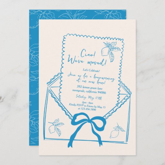 Hand getrokken citroen housewarming party uitnodig kaart (Voorkant / Achterkant)