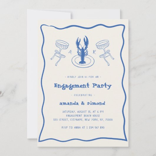 Hand getrokken Cocktail & Kreeft Engagement Party Kaart (Voorkant)