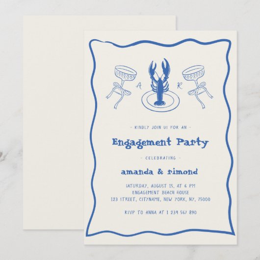 Hand getrokken Cocktail & Kreeft Engagement Party Kaart (Voorkant / Achterkant)