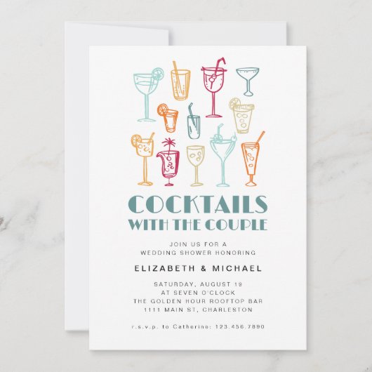 Hand getrokken Cocktails Koppels Douche Bruiloft Kaart (Voorkant)