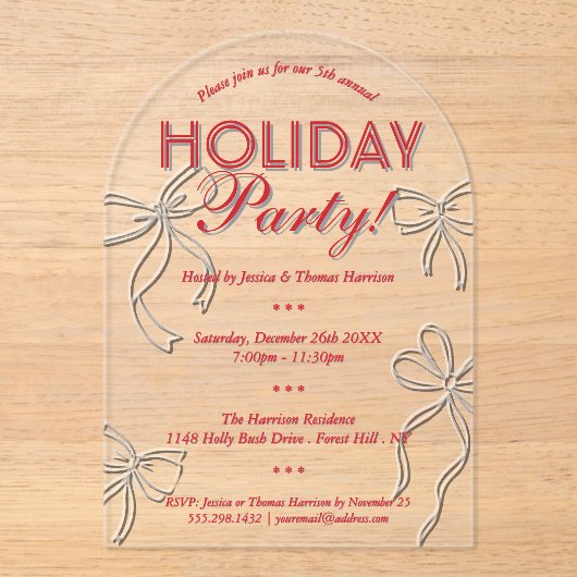 Hand getrokken Coquette Bows Vakantie Kerstfeest Acryl Uitnodigingen (Voorkant)
