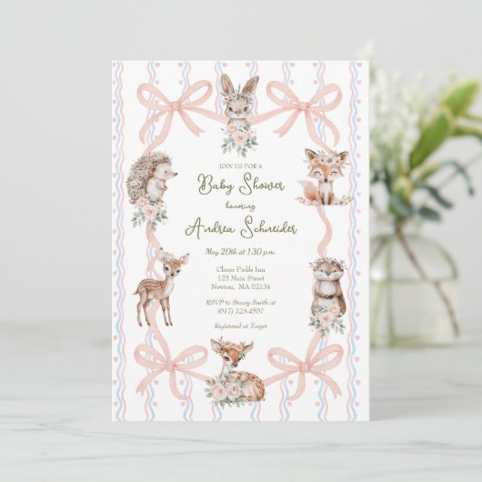 Hand getrokken Coquette lint Woodland Baby shower Kaart (Staand voorkant)